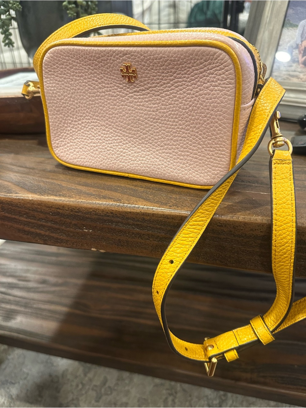 Tory Burch Pink Pebbled Leather Shoulder Bag with Yellow Trim